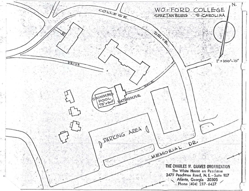 A potential location for the swimming pool in the 1970s plan. The structures to the left of the planned location are the fraternity houses, and the ones to the right and top are Marsh and Greene hall. Carlisle hall was not yet built at the time.