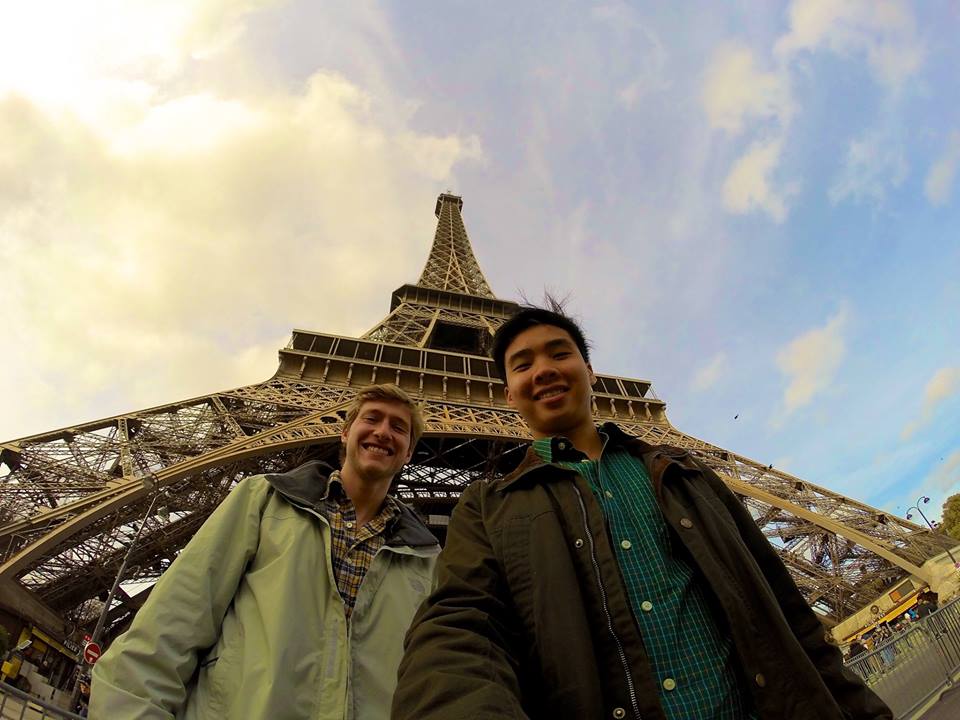 Seniors Travis Butler and Tony Le, who are studying abroad in London, pause to admire the Eiffel Tower while visiting Paris. 