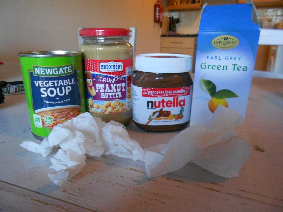 The survival kit of a student who is sick abroad, varying from the good and healthy to the good and hearty.