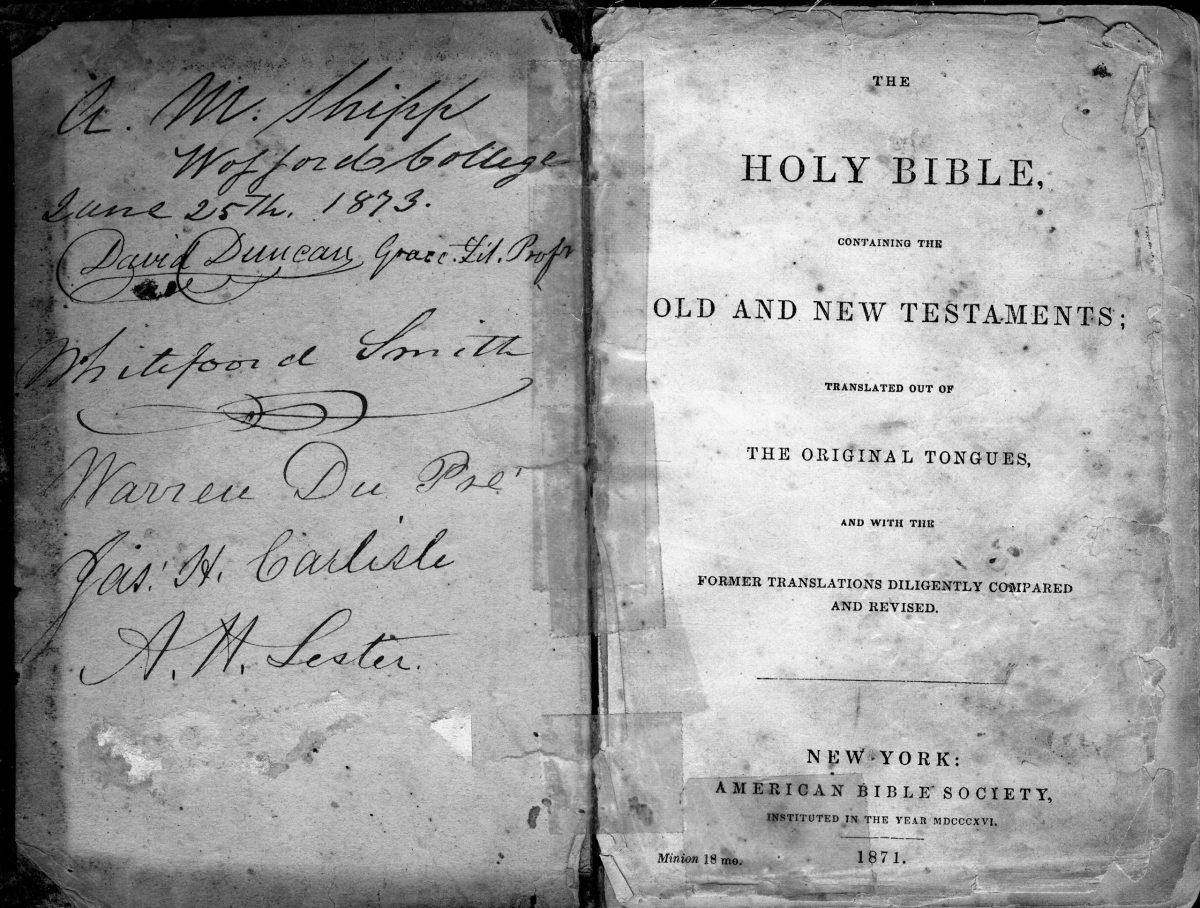 A Bible from an 1873 graduate of Wofford features the signatures of all five of the college’s professors.
