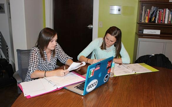 Senior Biology major Kristen Martin (Left) and Junior Psychology major Audra Pack (Right) study together in the Space. 