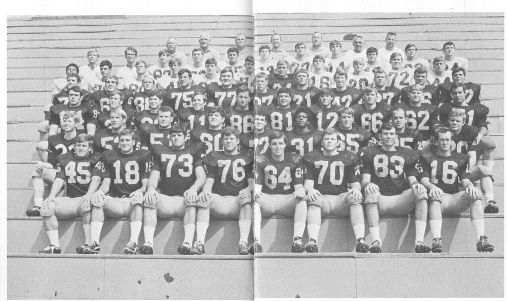 Player #25 Randy Bringman poses second from the right in the second row with the rest of the 1971 football team.
