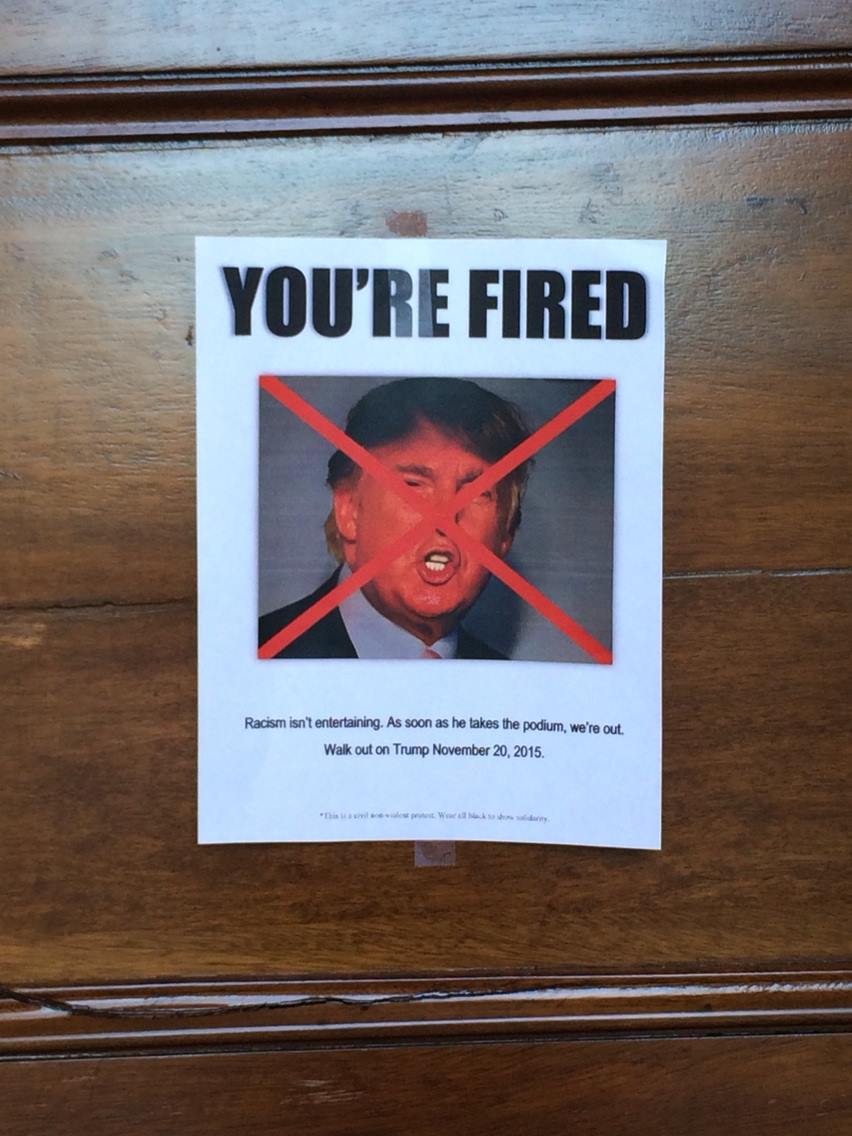 Flyers were placed around campus on Nov. 13 by a student group protesting Trump’s visit. The flyers were taken down later that same day.