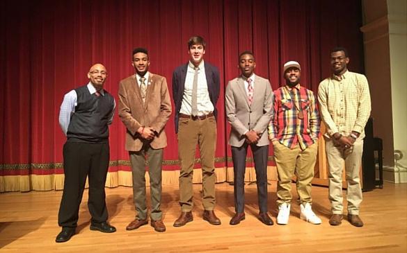 Performers at the Holding Thorns poetry reading pose for a photo concluding the performances and discussion. Left to Right: Chrissus, Hardy, McClure, Long, Blaq Socrates, Franklin. Photo posted to the Wofford Student Life Facebook page by Jennifer Gutierrez-Caldwell, director of diversity and inclusion.