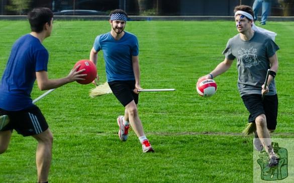 From left, Dotter, Wesley and Door run drills on the intramural fields to train for their soon-to-be official Quidditch team.