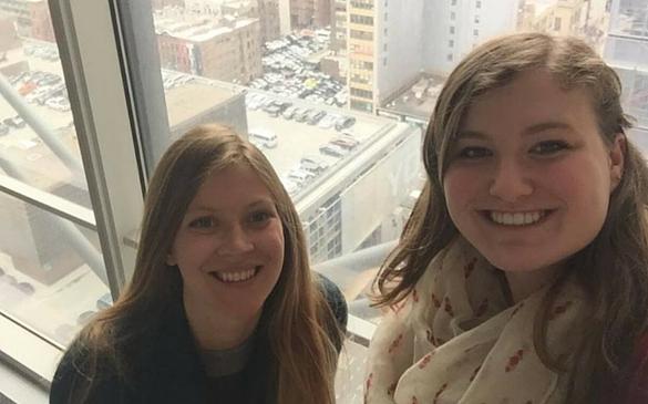 Addie and Elaine take a break from the student editors’ workshop to calm down their swooning. Here, they ruin a beautiful photo of the view from the New York Times building. 