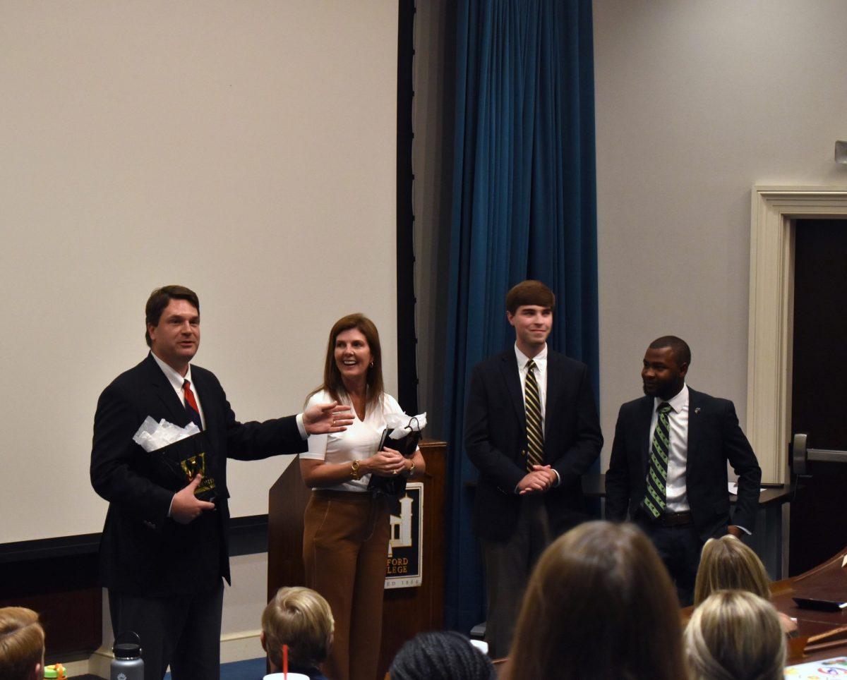 Student+Body+Secretary+Jacorie+McCall+and+Student+Body+President+Luke+Lovell+present+Lieutenant+Governor+Pamela+Evette+and+Spartanburg+Representative+Max+Hyde+with+thank-you+gifts+for+speaking+to+Wofford+students.