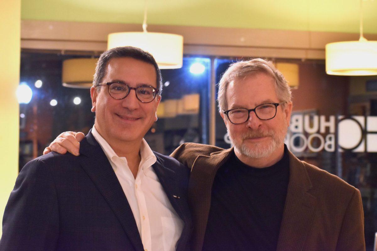 Wofford president Nayef Samhat and author David Lynn after the reading at Hub City Bookshop