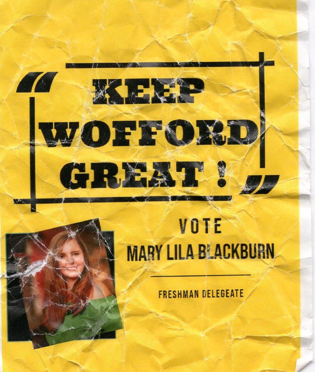 First-year Mary Lila Blackburn’s campaign flyer for the Campus Union delegate election with the slogan, “Keep Wofford Great”