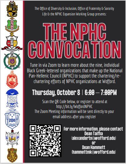 Wofford’s NPHC Working Group recently held a convocation via zoom, where students spoke with representatives from 8 of 9 NPHC organizations.
