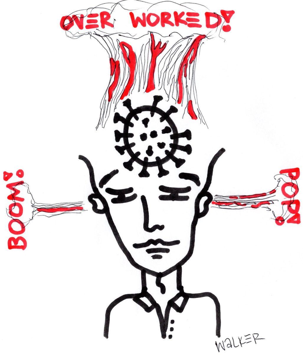 Depiction of a man preoccupied with the effects stress brought on by COVID-19, Illustration by Walker Antonio.