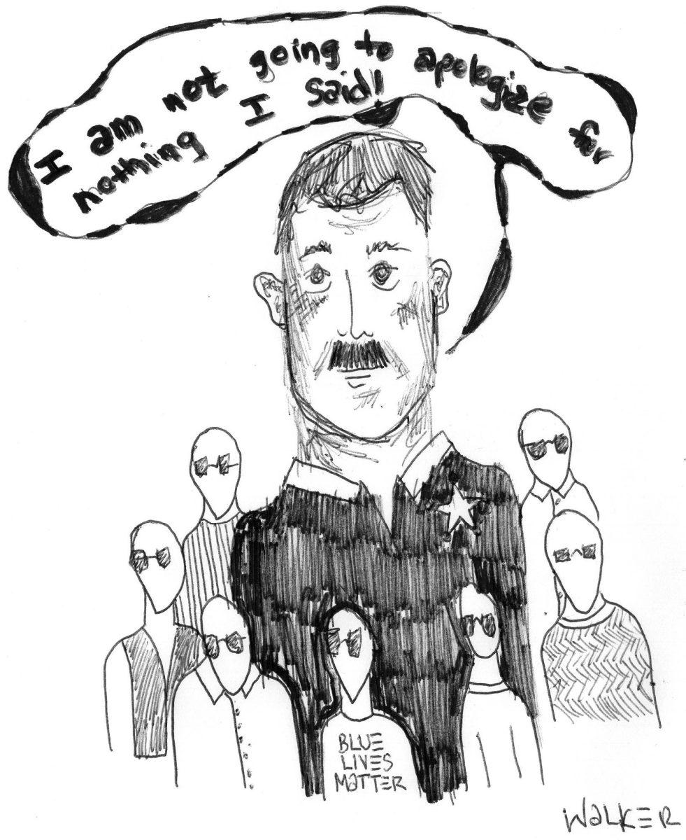 Sheriff Chuck Wright, surrounded by his ‘posse’ of supporters. Illustration by Walker Antonio.