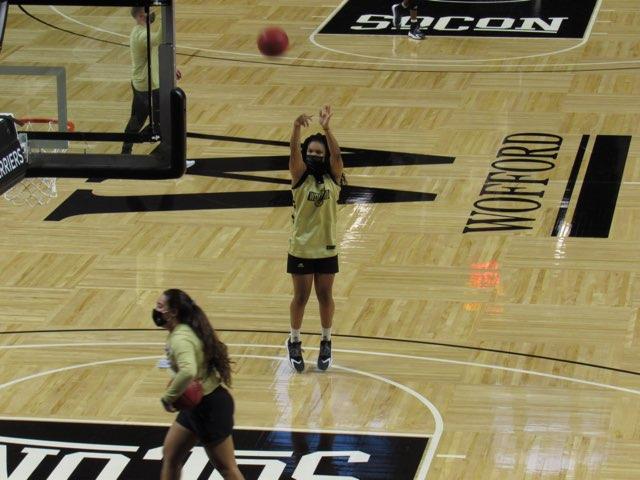 Men’s and Women’s basketball are hard at work preparing for the upcoming season openers in late November. Wofford guard Niyah Lutz (pictured) shoots a jump shot during practice. Photo by Natalie Aversano, photographer.