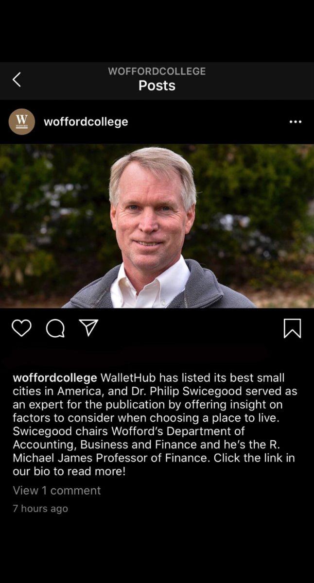Wofford College’s Instagram post publicizing an article that scores Spartanburg a 4 out of 100 small cities.
