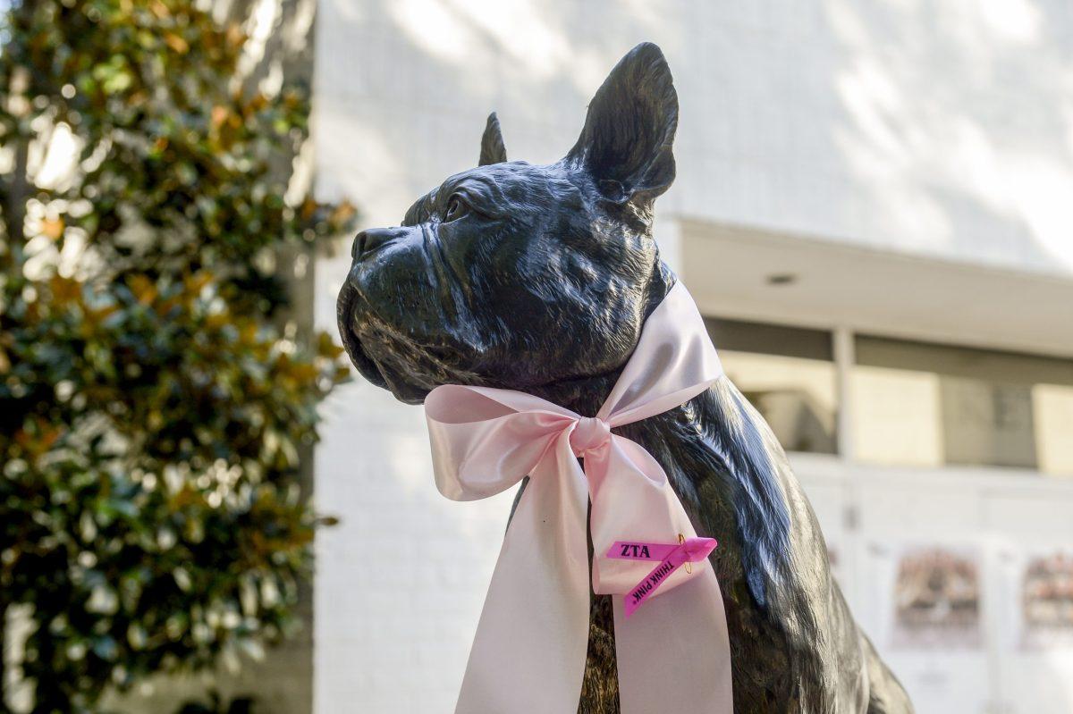 Other than that, here is my caption: The Terrier statue decorated for breast cancer awareness month in October 2017. Photo courtesy of Mark Olencki