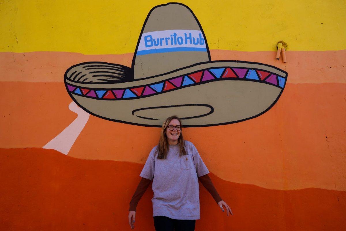 Ebet Lansing posing with the #SpartanburgSombrero at Burrito Hub. Photo courtesy of Libby Levin.