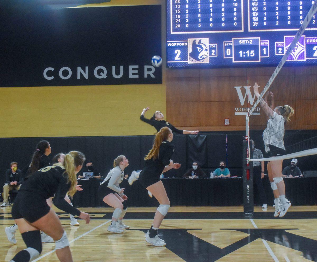 The Women’s Volleyball team sets up for a goal. The SOCON Women’s Volleyball tournament will take place Apr. 2-3. Photo courtesy of Allison Sherman.