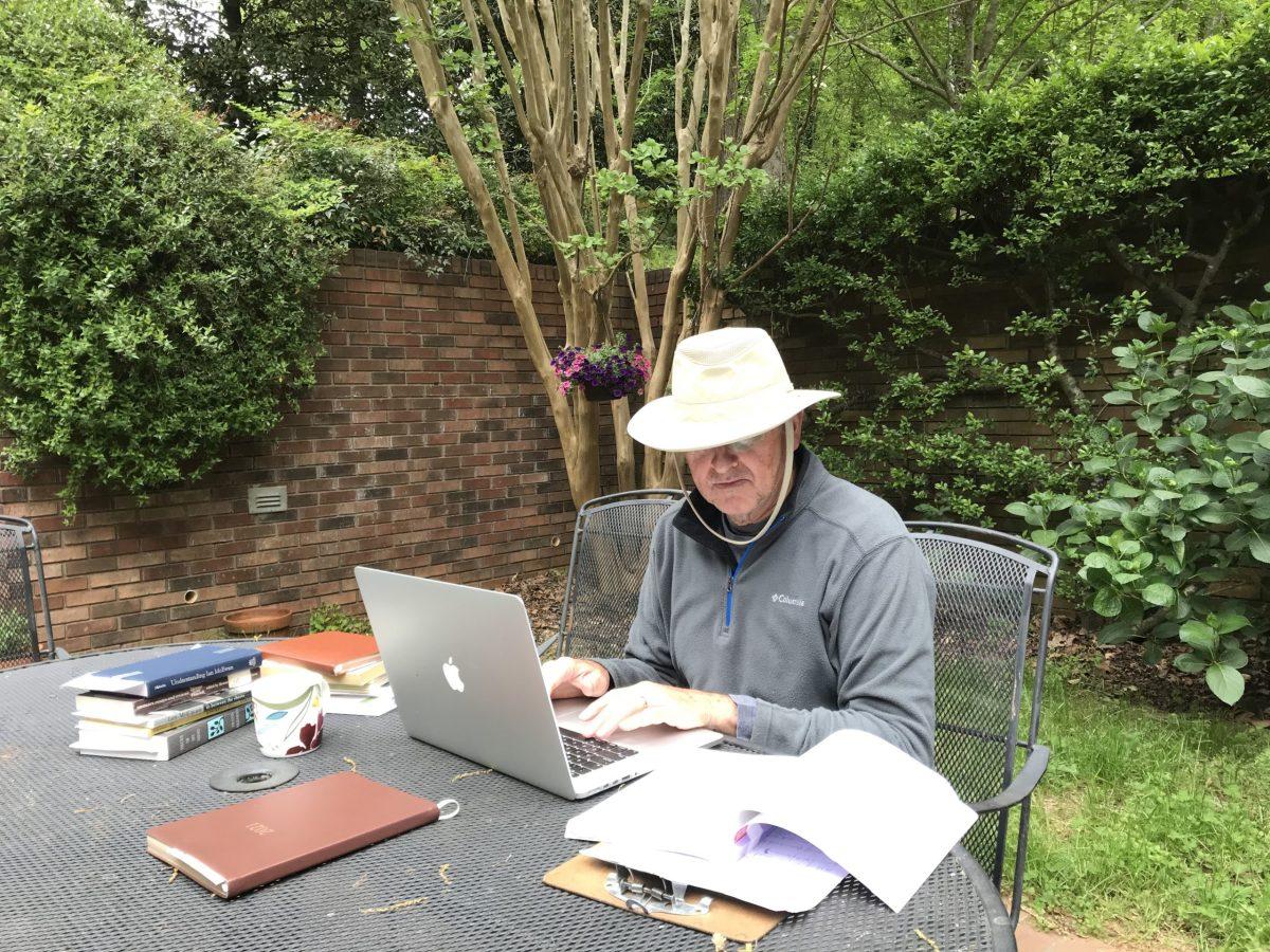 Alan Chalmers, professor of English at Wofford, works on his research outside. Chalmers took his sabbatical during the spring 2021 semester. Photo courtesy of Professor Chalmers.