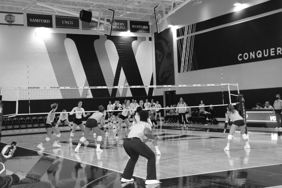 Wofford volleyball competes against UNCG on Oct. 8. Terrier volleyball is popular with students and spectators from the community, and has generated a love for the game that extends beyond campus. Photo by Anna Lee Hoffman