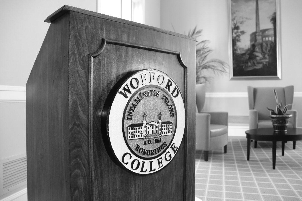 Photo by Annalee Hoffman.
Wofford College podium located in Montgomery administration building. The college has a variety of
opportunities for academic
professorship within the institution. 