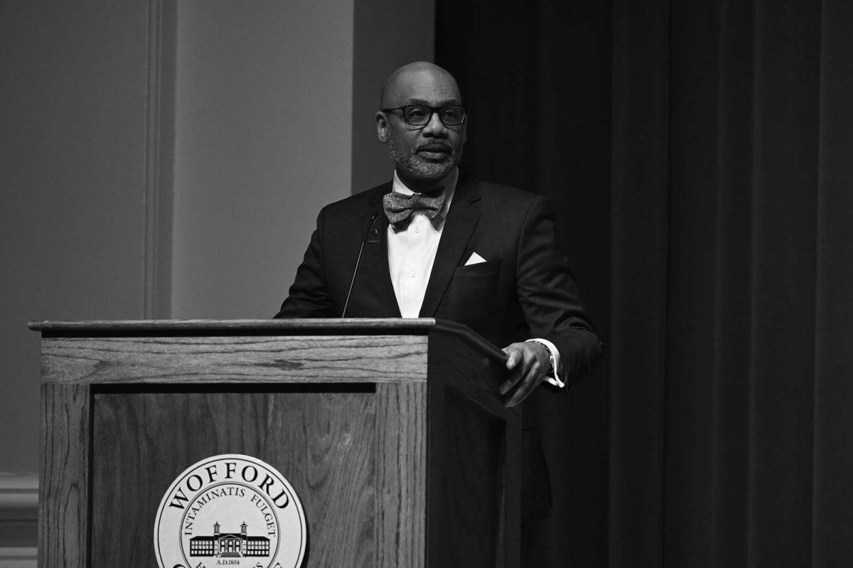 Photo courtesy of Mark Olencki.
Russell Wigginton giving his speech to the Wofford community.