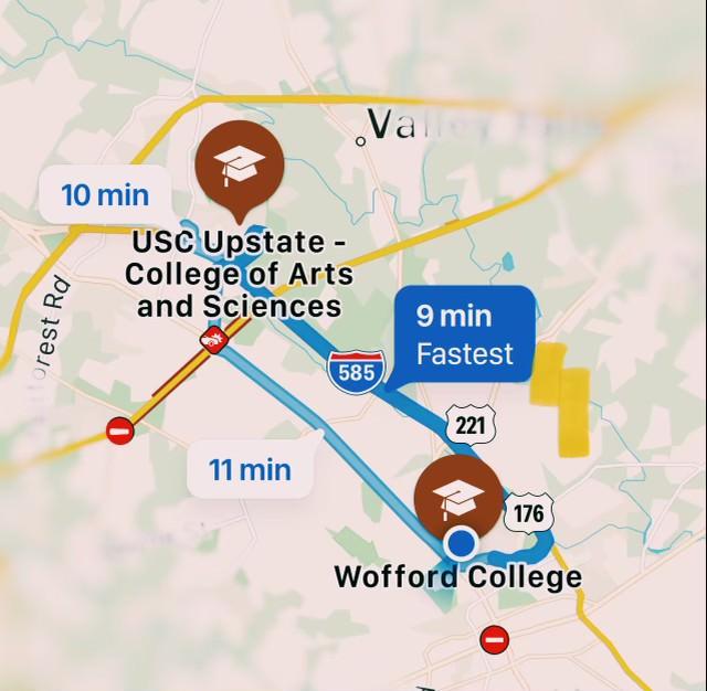 Photo by Anna Lee Hoffman.
A map showing the distance between the campuses of Wofford and
USC-Upstate. Despite their close proximity, the two schools almost never compete in basketball. 