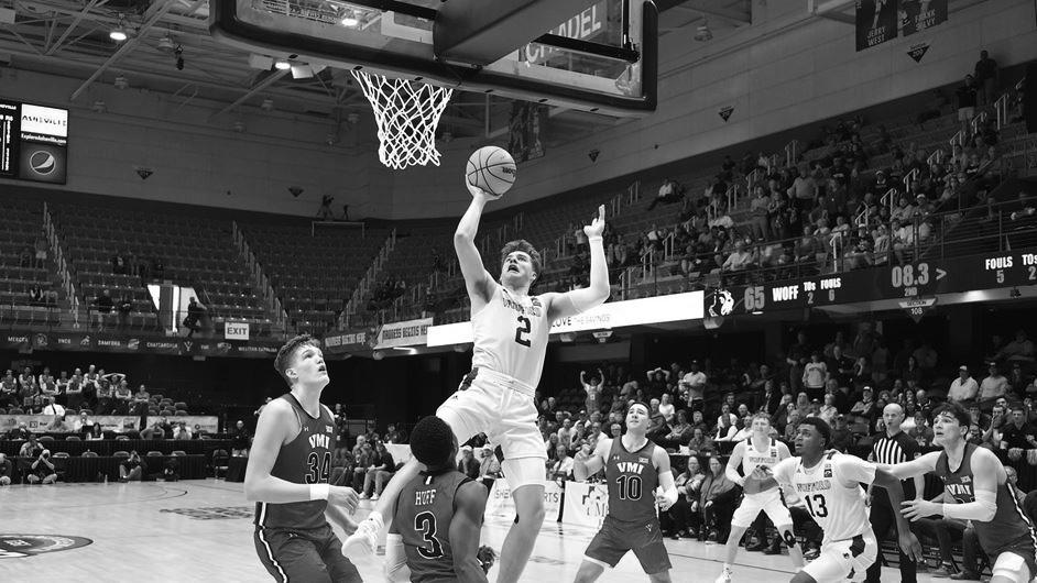 Photo courtesy of Wofford Athletics.
Max Klesmit scores the game winning bucket in the SoCon quarterfinals against VMI. The Terriers would lose the next day to Chattanooga, ending their season.