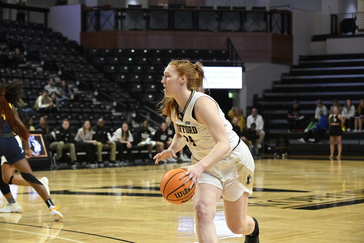 Photo+courtesy+of+Mark+Olencki%0A+Lilly+Hatton+%E2%80%9823+plays+at+the+game+against+UNCG.+She+recently+received+her+1%2C000th+career+point.