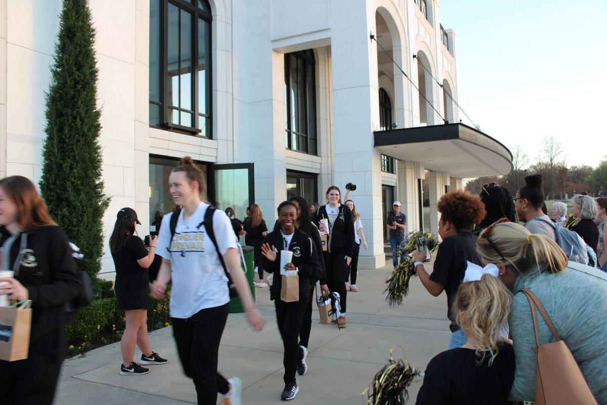 Photos by Addie Porter -
 Students gather to send off the Wofford Women’s Basketball Team to the Southern Conference Regular Season
Tournament.