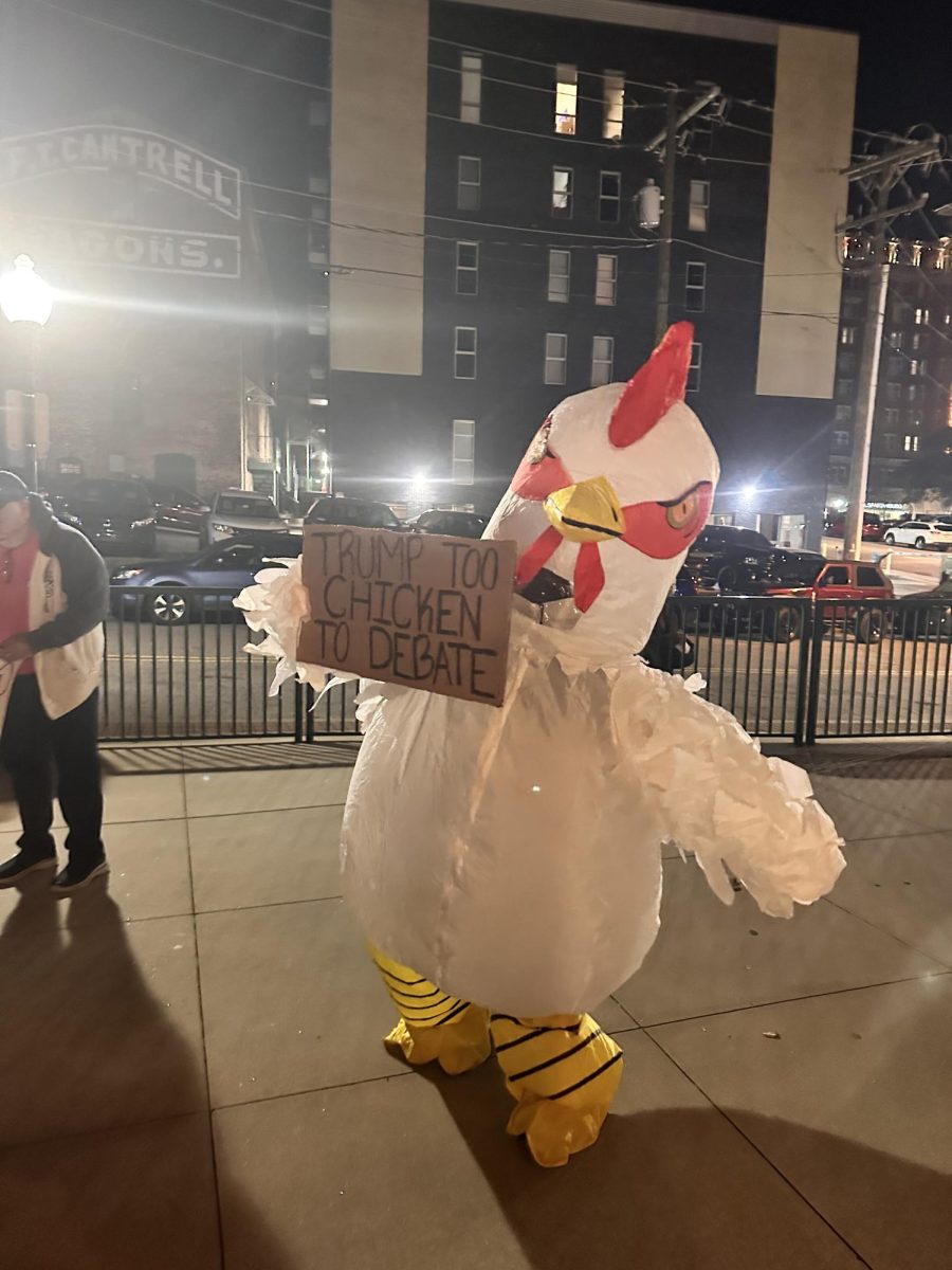 Someone dresses up as a chicken at the Nikki Haley rally on Feb. 5, mocking Former President Donald Trump for not debating Haley.