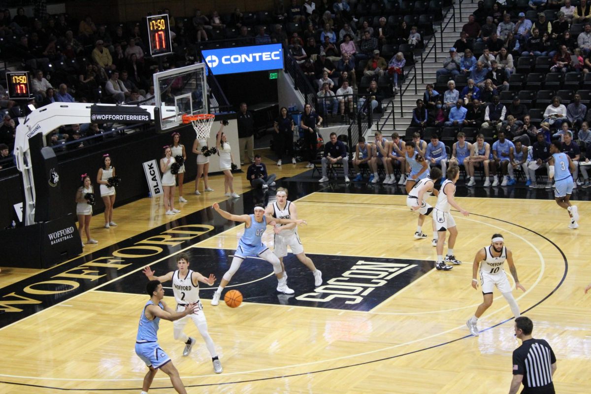The Wofford Men’s Basketball Team plays against the CItadel in the Jerry Richardson Indoor Arena on Feb. 10. Much like many of their recent games, the Terriers came out victorious.