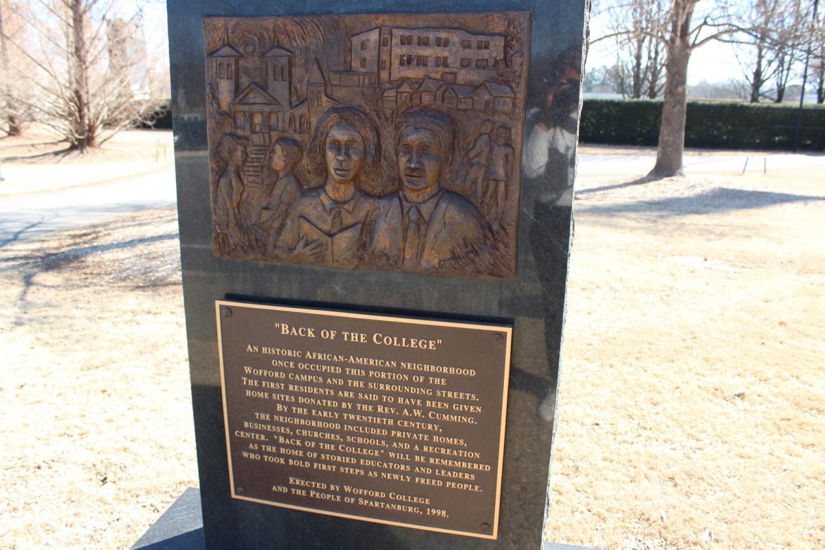 The Back of the College monument rests in front of the Jerry Richardson Indoor Stadium. The monument serves as a reminder of the African American communities that originally lived on what is now Wofford’s campus.