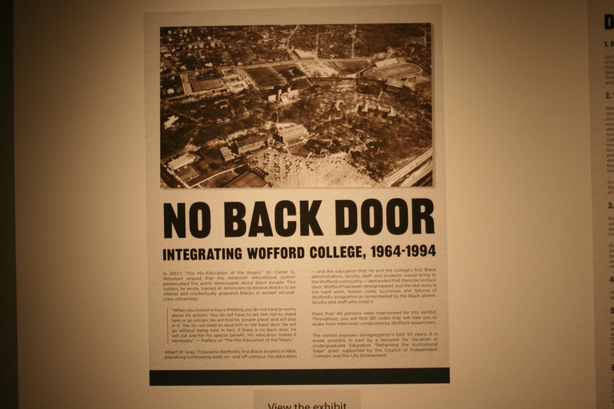 The No Back Door art exhibit in the Sandlor Tesslor library shows the process of integrating wofford's campus.