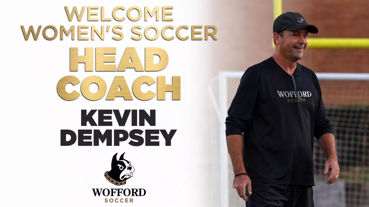 Kevin Dempsey is featured in a graphic made by Wofford Athletic Communications. Kevin Dempsey has been hired to serve as Wofford College’s Women’s Soccer Head Coach. 
