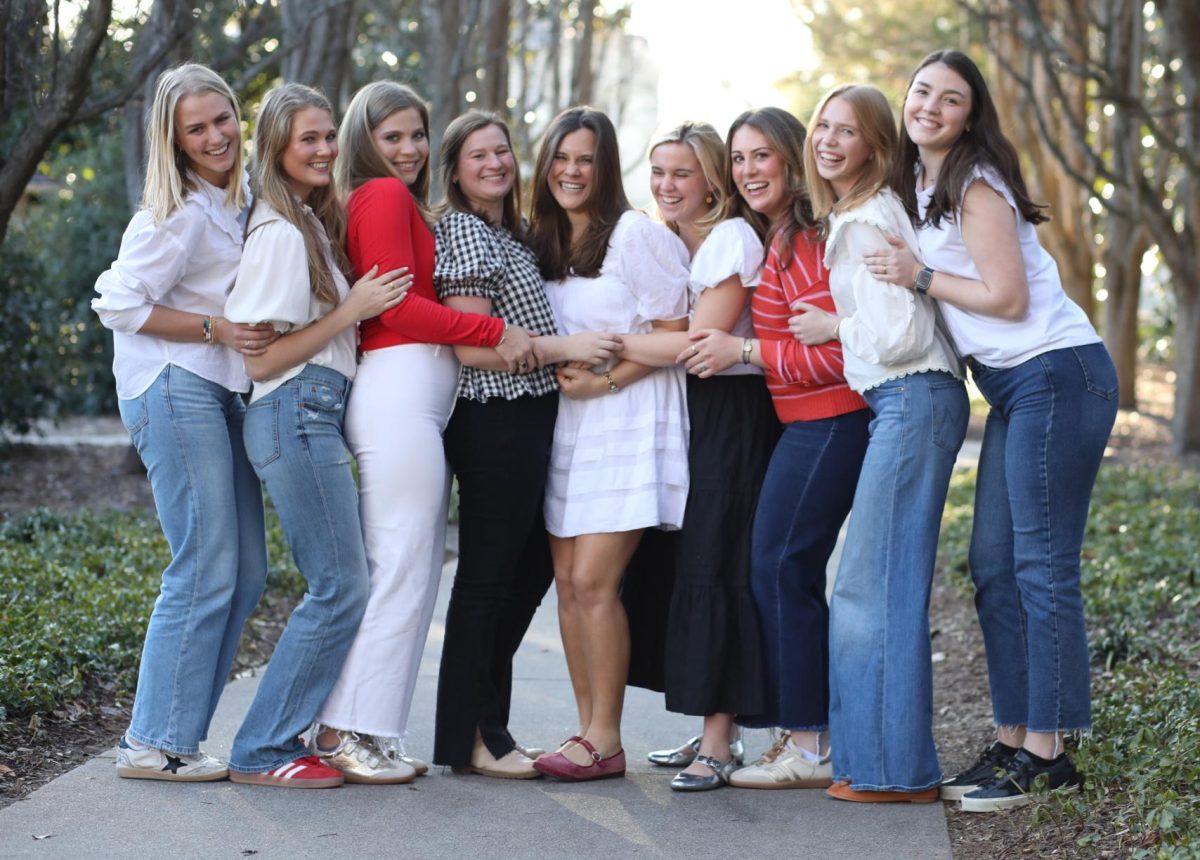 Founding Members of the Wofford College Leukemia and Lymphoma Society pose for a group photo (Pictured from left to right: Nan Davenport ‘26, Marguerite Dillon ‘26, McNally Sowell ‘26, Eliza Guthrie ‘26, Charlie Regalbuto ‘26, Nancy Anne Vincent ‘26, Addie Porter ‘26, Mary Niemeyer ‘26, Emma Williams ‘26). The Wofford College Leukemia and Lymphoma Society is a philanthropic club that fights against blood cancer through fundraising and education. 