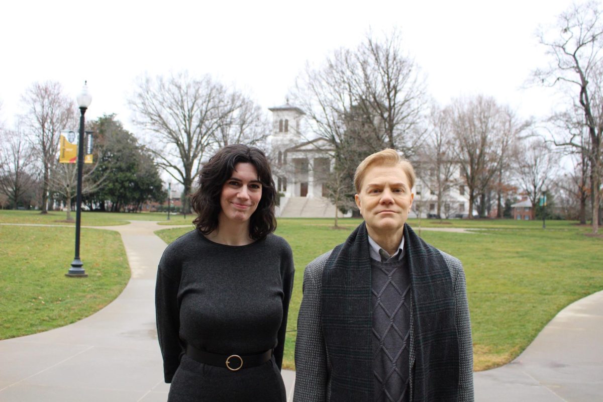 Dr. Tomkins and Dr. Efurd pose for a photo in front of Main Building. Professors Jessica Tomkins and David Efurd serve as coordinators for the new Ancient History Studies minor at Wofford. 