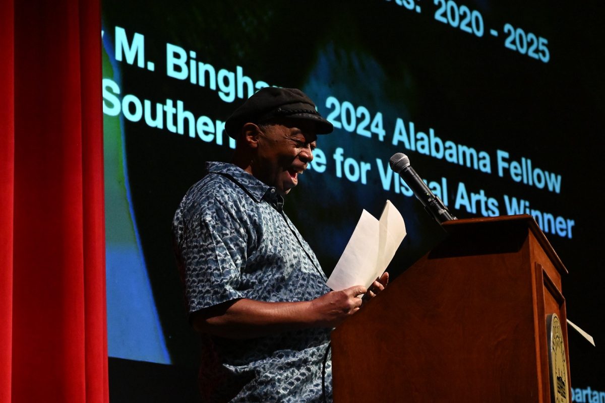 Tony Bingham, winner of the 2024 Southern Prize for Visual Arts, speaks to the Wofford College. Tony Bingham’s artwork honors Black lives and history through creative mediums. 