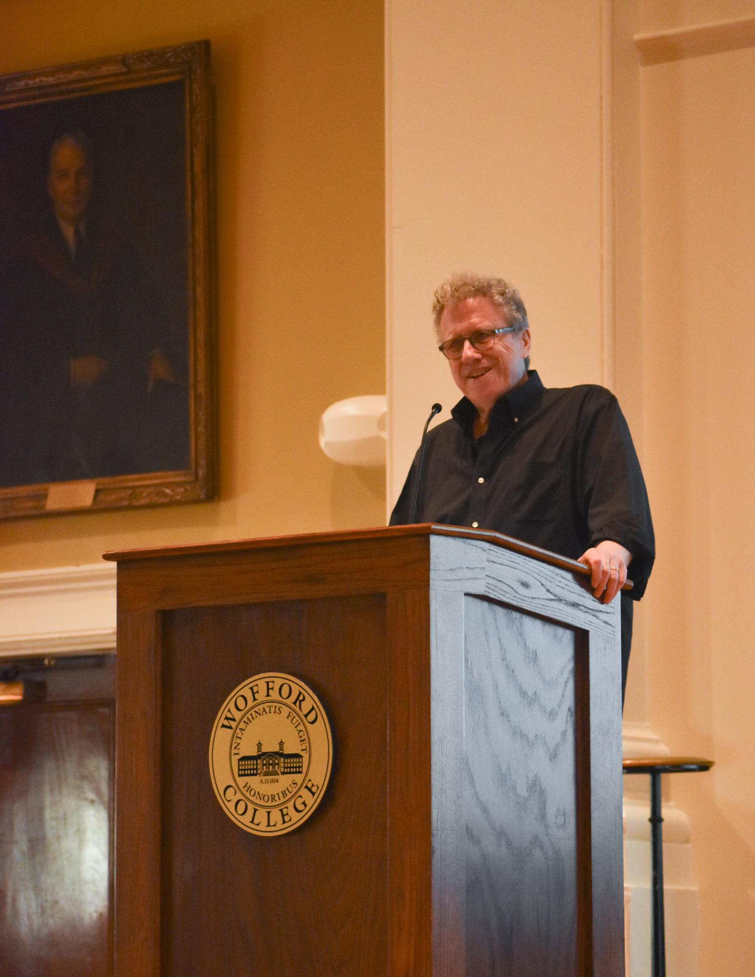 Guest speaker Danny Fingeroth delivers a talk on the thematically Jewish content in DC Comics. Both students and professors at Wofford were in attendance.