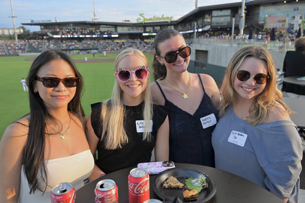 Sofia Lathbury ‘26, Lilly Habart ‘26, Hailey Hirter ‘26 and Erin Adams ‘26 attended the Spartanburgers game on Aug. 22. Wofford students attend Spartanburgers games regularly.