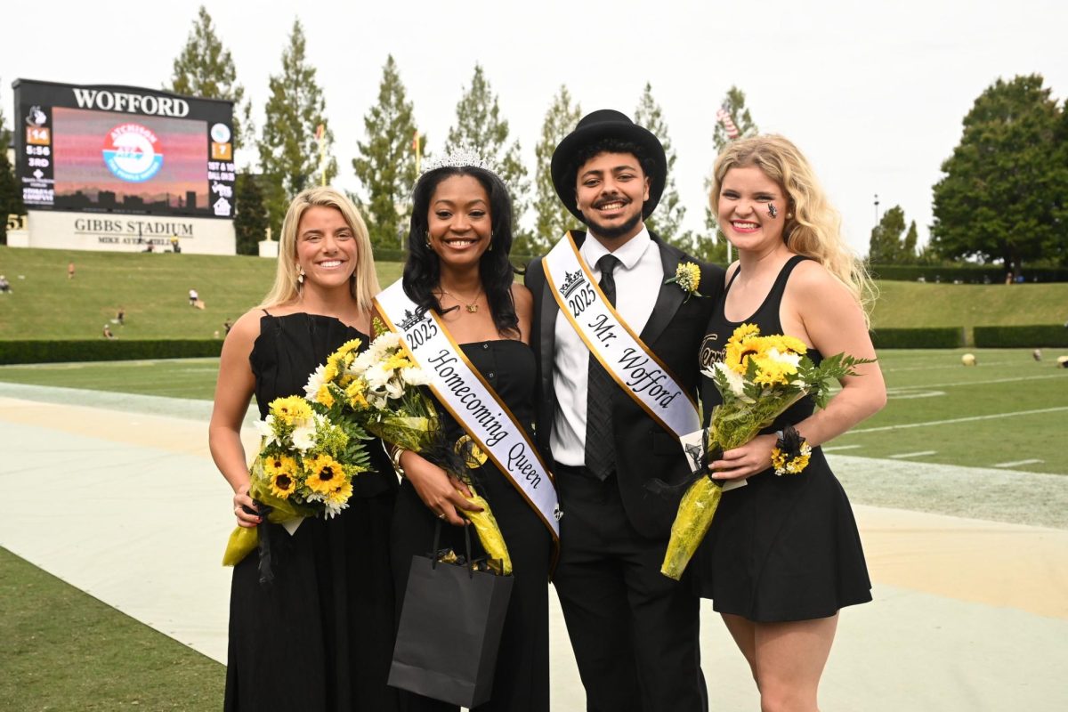 Vivian Chiomento ‘26, Sunni Owens ‘26, Joe Khalil ‘26, and Ellie Beth Youngblood ‘26 pose for a photo after homecoming court. Sunni Owens ‘26 was crowned as Wofford’s 2025 Homecoming Queen on October 11th.