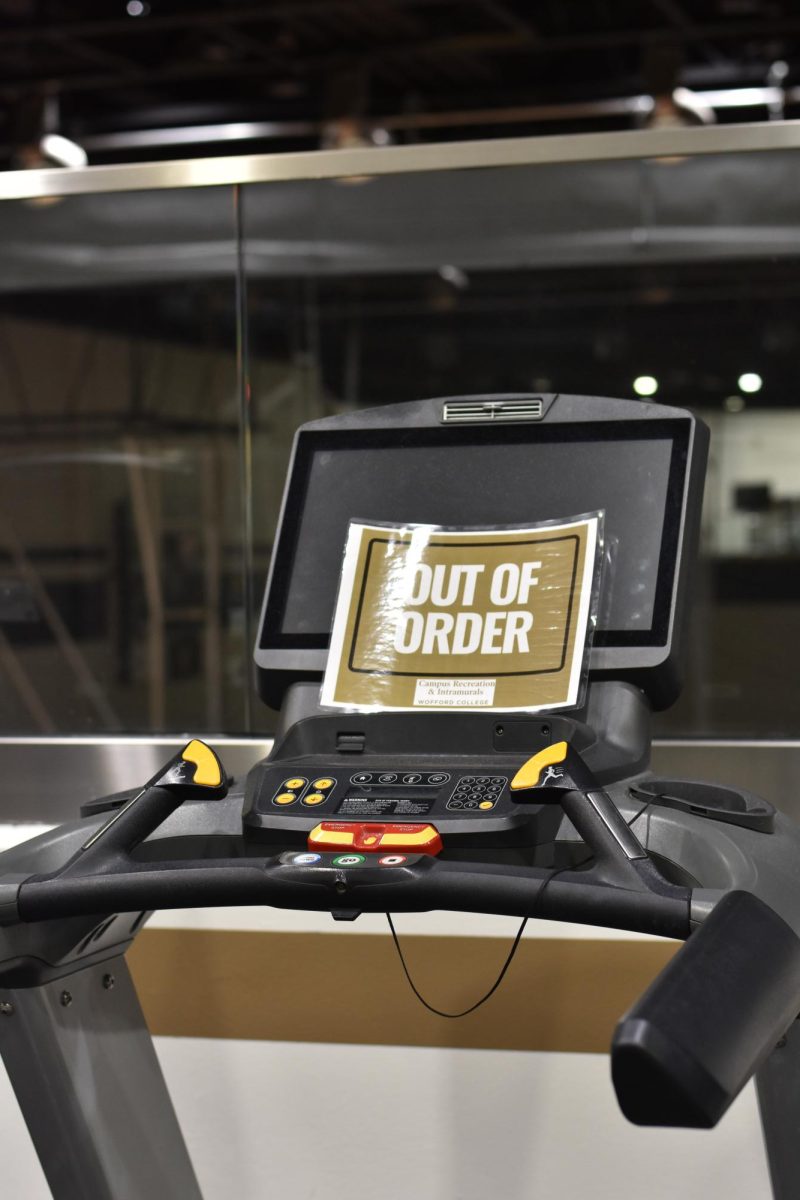 Treadmills continue to be out of order in the Mungo Student Center gym. Many Wofford students use this facility as op- posed to an off-campus gym.