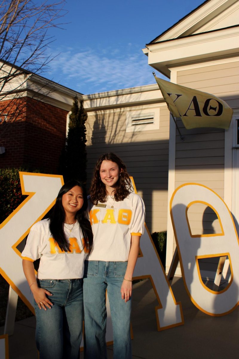 Sophie Freeman ‘27 and Elizabeth Brice ‘27 pose for a picture outside of the Kappa Alpha Theta house prior to night one of formal recruitment on February 12th