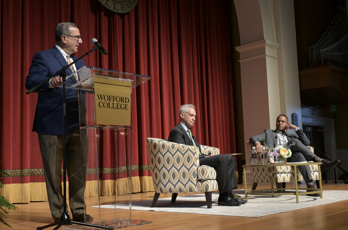 Rahm Emanuel and Craig Melvin ‘01 speak on the current political climate. The Candid Conversation event was held in Leonard Auditorium on March 20, 2026.
